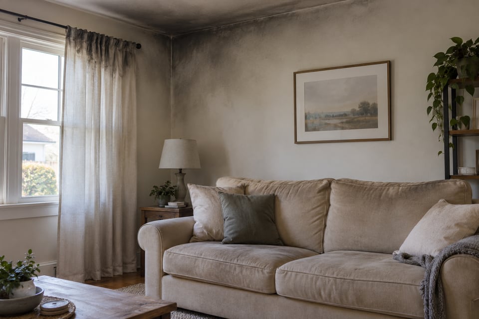 Illustrative living room with smoke-stained curtains, sofa cushions and upper walls
