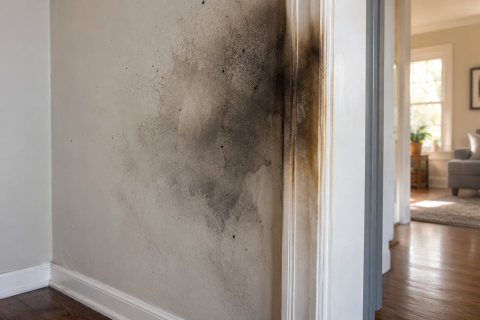 Illustrative soot staining on a painted interior wall and doorway trim