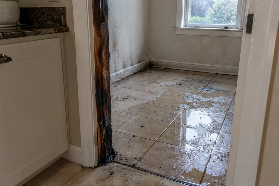 Illustrative damp tiled floor beside charred doorway trim after fire suppression